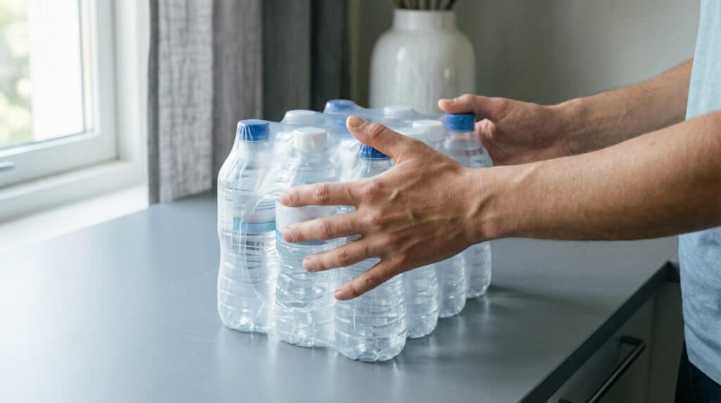 hands weighing multi pack bottled water