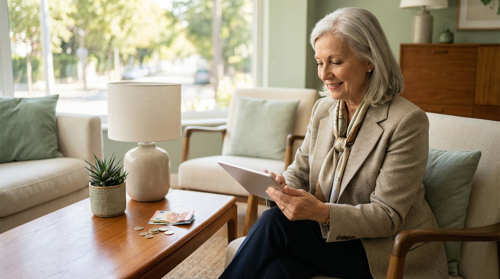 optimistic senior woman finds digital surprise