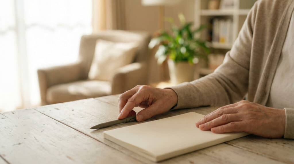 peaceful reflection senior hands pen notebook