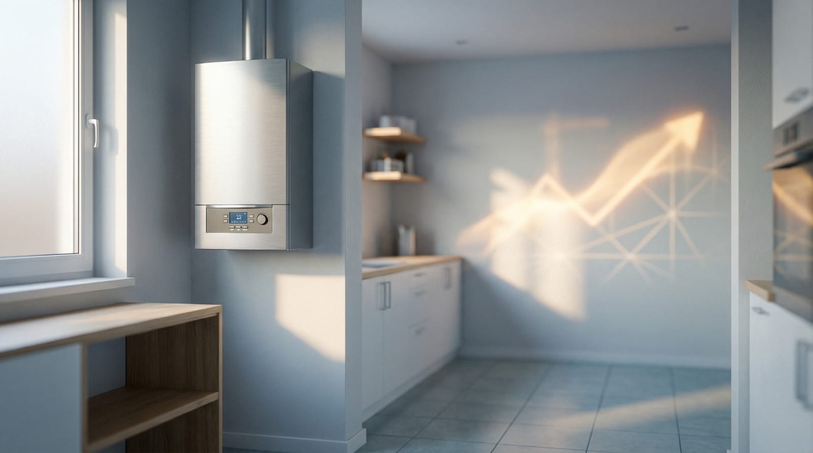 sleek boiler in minimalist room with growth light