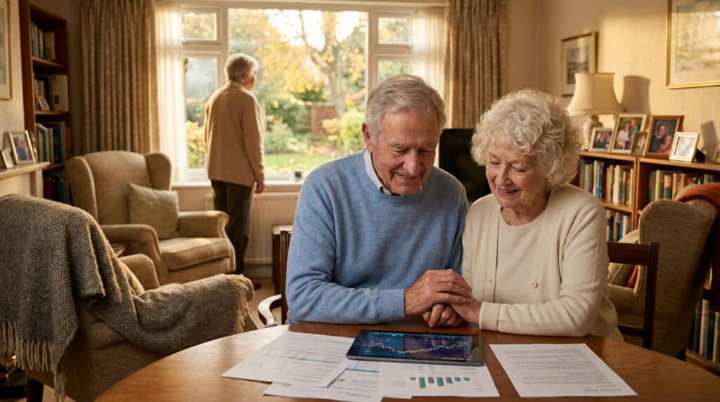 elderly couple reviewing finances planning future
