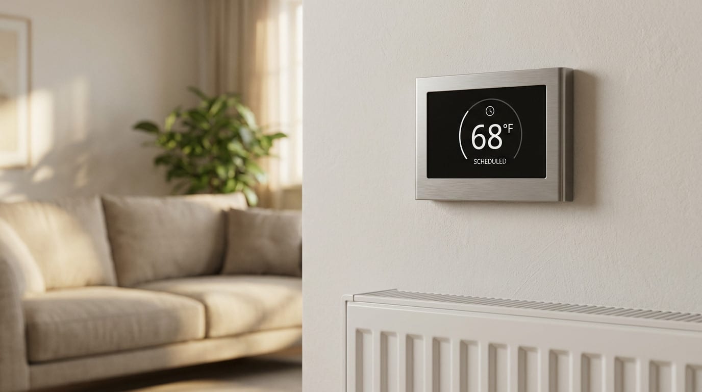 modern smart thermostat in a cozy home setting
