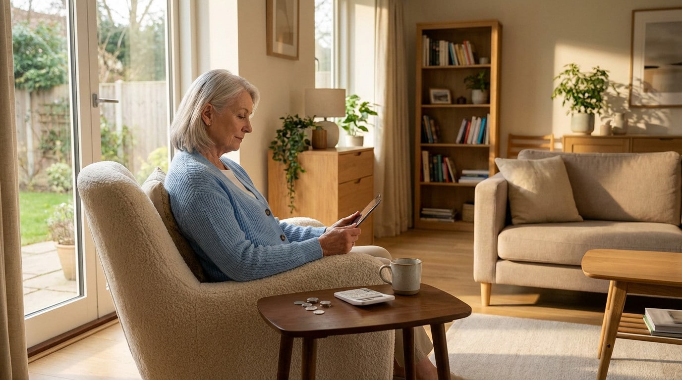 quiet reflection senior woman tablet and finances