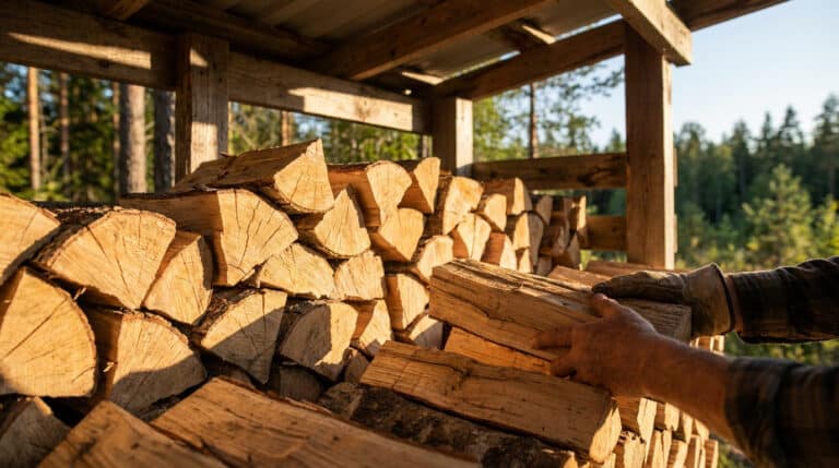 seasoned firewood stacked in golden sunlight