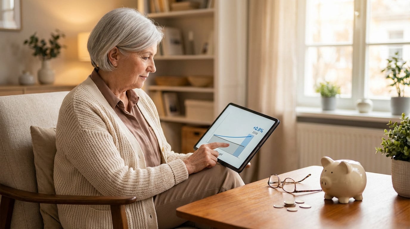 senior woman reviews financial data on tablet