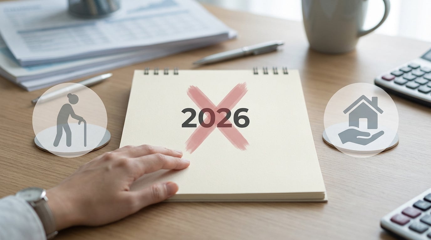 Hand on desk near calendar with '2026' crossed out in red. Greyed-out icons for retirement and personal services indicate non-application.