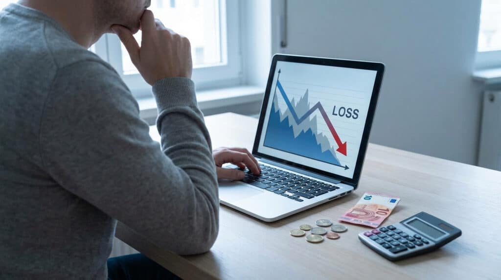 Anonymous person thoughtfully views a laptop displaying a financial loss graph, with euro currency and a calculator on a desk.