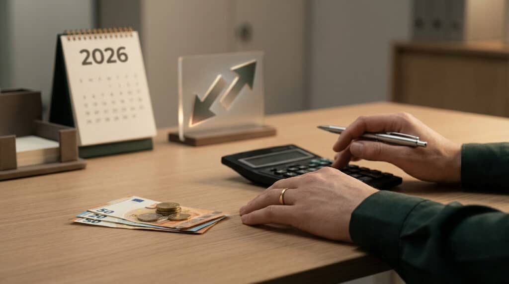 Hands calculating finances with Euro notes, a calculator, a 2026 calendar, and arrows for financial trends on a wooden desk.
