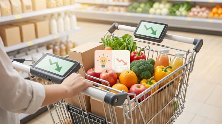 Personne pousse un caddie rempli de produits frais et d'épicerie dans un supermarché. Écrans et icônes symbolisent une baisse des prix et l'innovation.