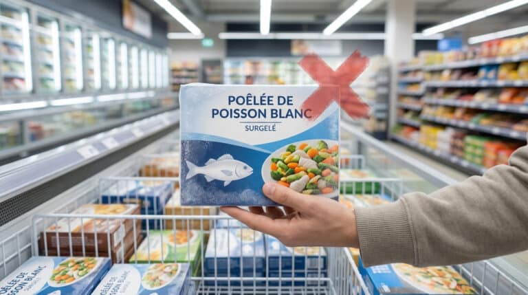 Main tenant une barquette de poêlée de poisson blanc surgelé, marquée d'un X rouge, dans un supermarché.