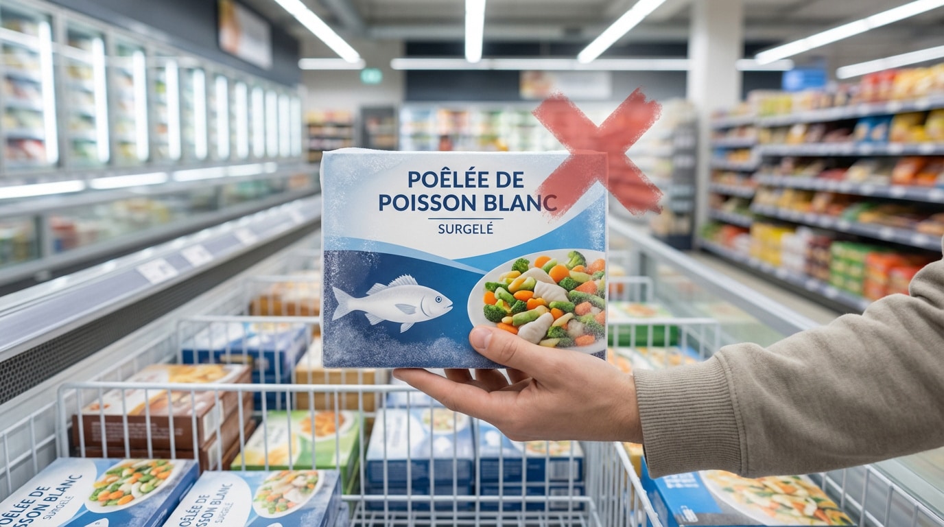 Main tenant une barquette de poêlée de poisson blanc surgelé, marquée d'un X rouge, dans un supermarché.