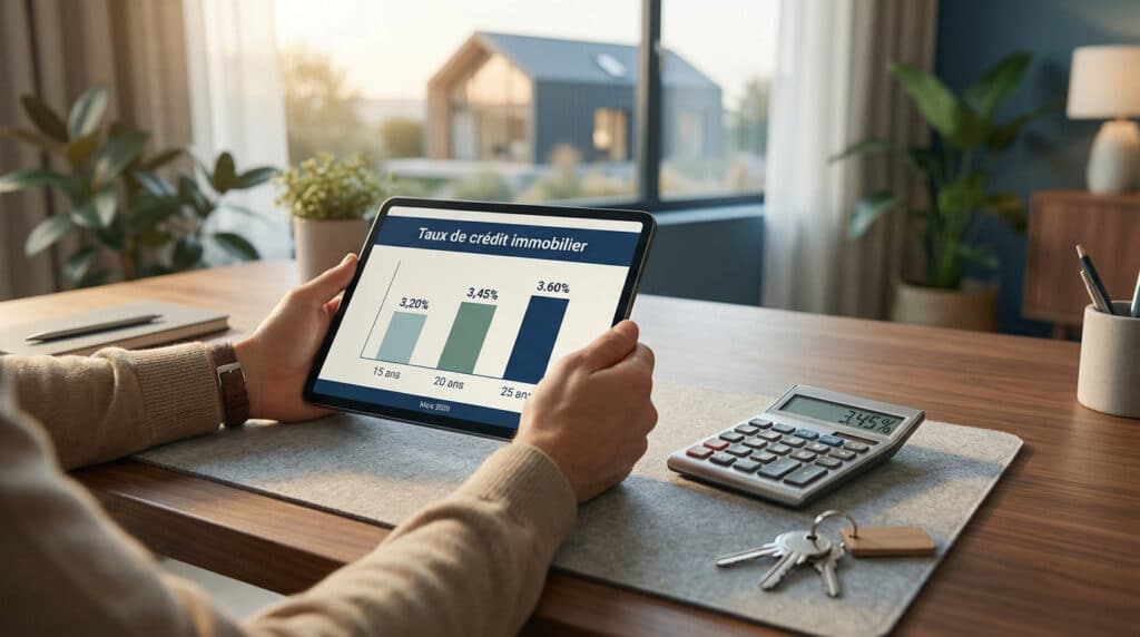 Mains tenant une tablette affichant un graphique des taux de crédit immobilier (15, 20, 25 ans). Un calculateur et des clés sont sur le bureau, avec une maison en arrière-plan.