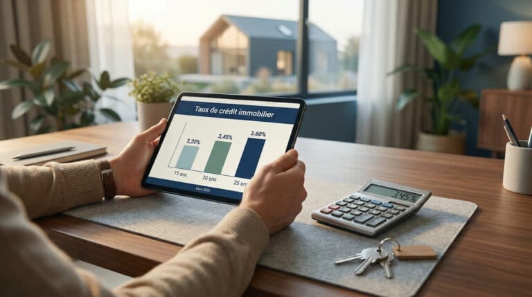 Mains tenant une tablette affichant un graphique des taux de crédit immobilier (15, 20, 25 ans). Un calculateur et des clés sont sur le bureau, avec une maison en arrière-plan.