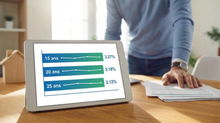 Tablette affichant des taux d'intérêt (15, 20, 25 ans) avec un homme consultant des documents financiers et une maquette de maison.