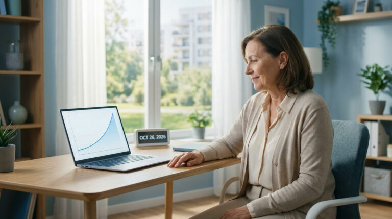 Femme souriante devant un ordinateur affichant un graphique de gains financiers. Un calendrier indique "OCT 26, 2026".