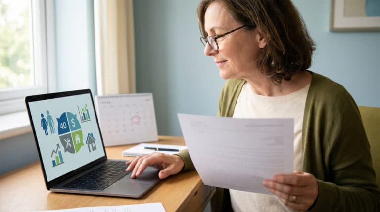 Femme lisant un document et consultant des graphiques immobiliers et financiers sur un ordinateur portable, avec un calendrier en arrière-plan.