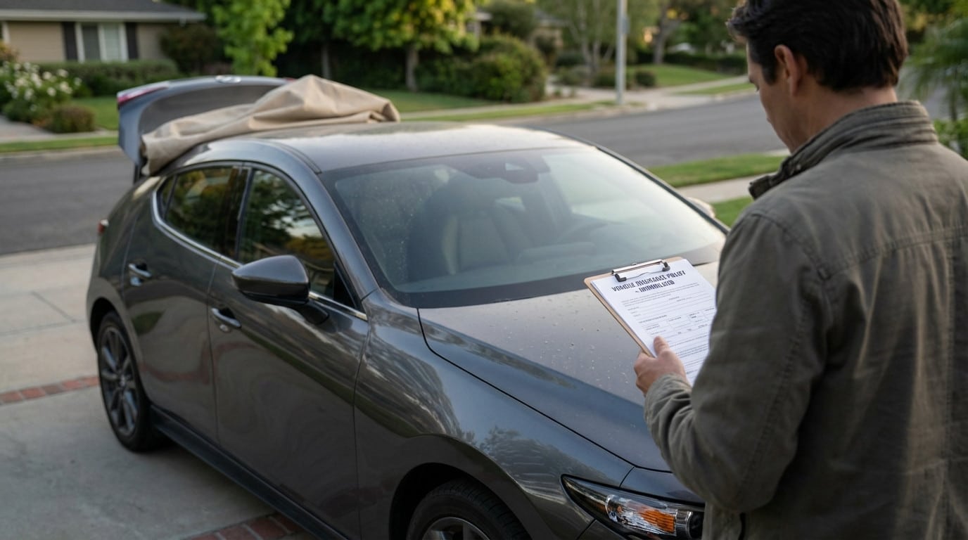 An anonymous person reviews a vehicle insurance policy on a clipboard next to a dark grey stationary car in a residential setting.