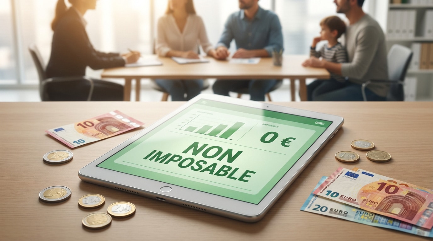 Tablette affichant 'NON IMPOSABLE' et '0 €' avec euros sur table. Famille et conseiller financier en arrière-plan.