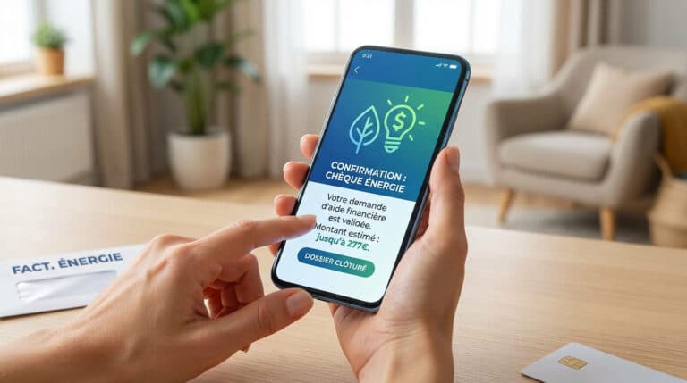 Mains tenant un smartphone affichant la confirmation d'un chèque énergie de 277€, avec une facture d'énergie sur la table.