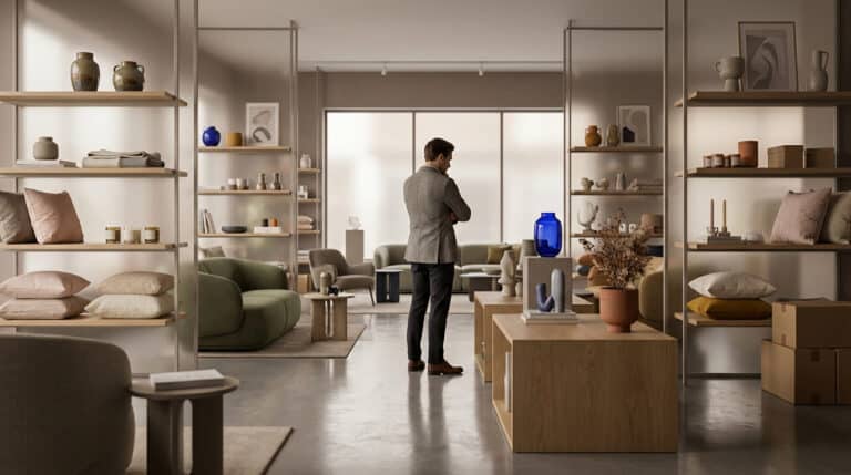 Un homme pensif dos à la caméra dans un magasin de décoration moderne. Étagères garnies, canapés et quelques cartons.