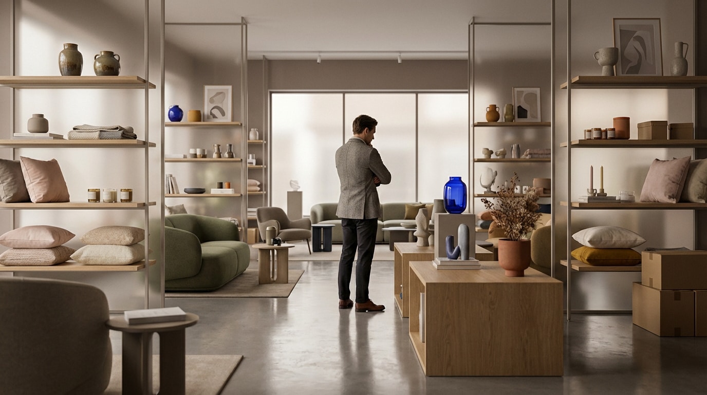 Un homme pensif dos à la caméra dans un magasin de décoration moderne. Étagères garnies, canapés et quelques cartons.