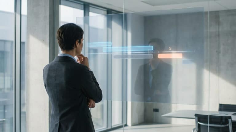 Un homme en costume réfléchit devant un écran transparent affichant des données chronologiques dans un bureau moderne et lumineux.