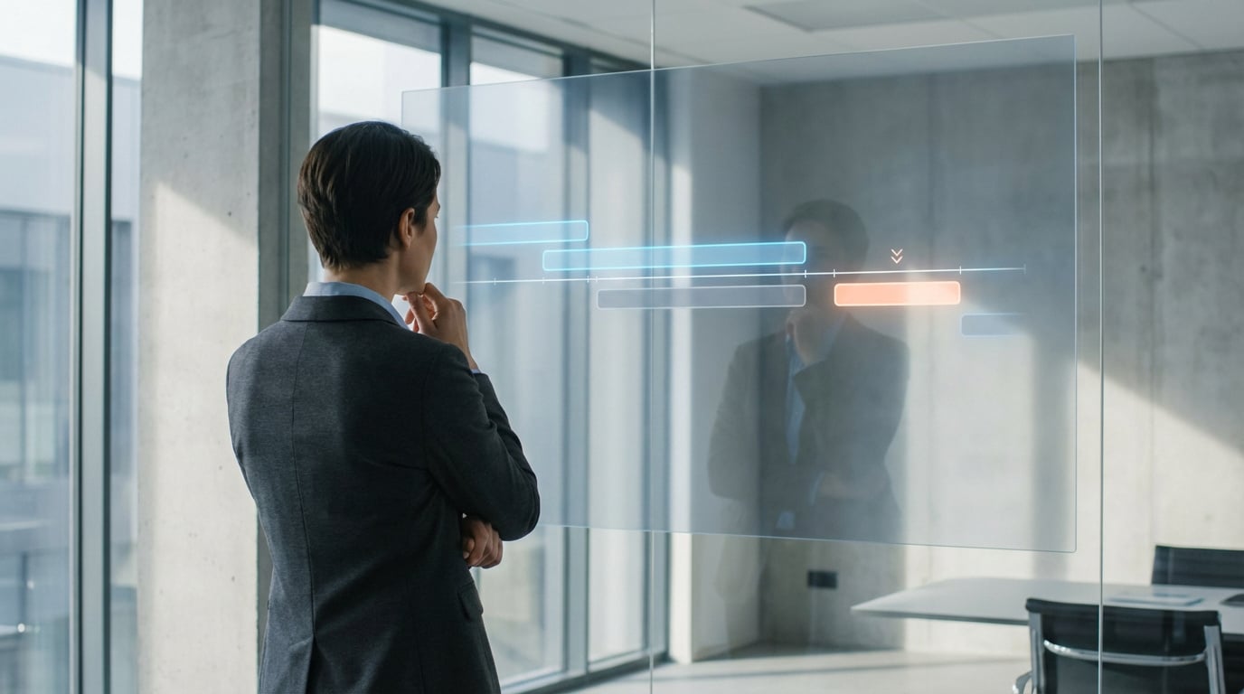 Un homme en costume réfléchit devant un écran transparent affichant des données chronologiques dans un bureau moderne et lumineux.