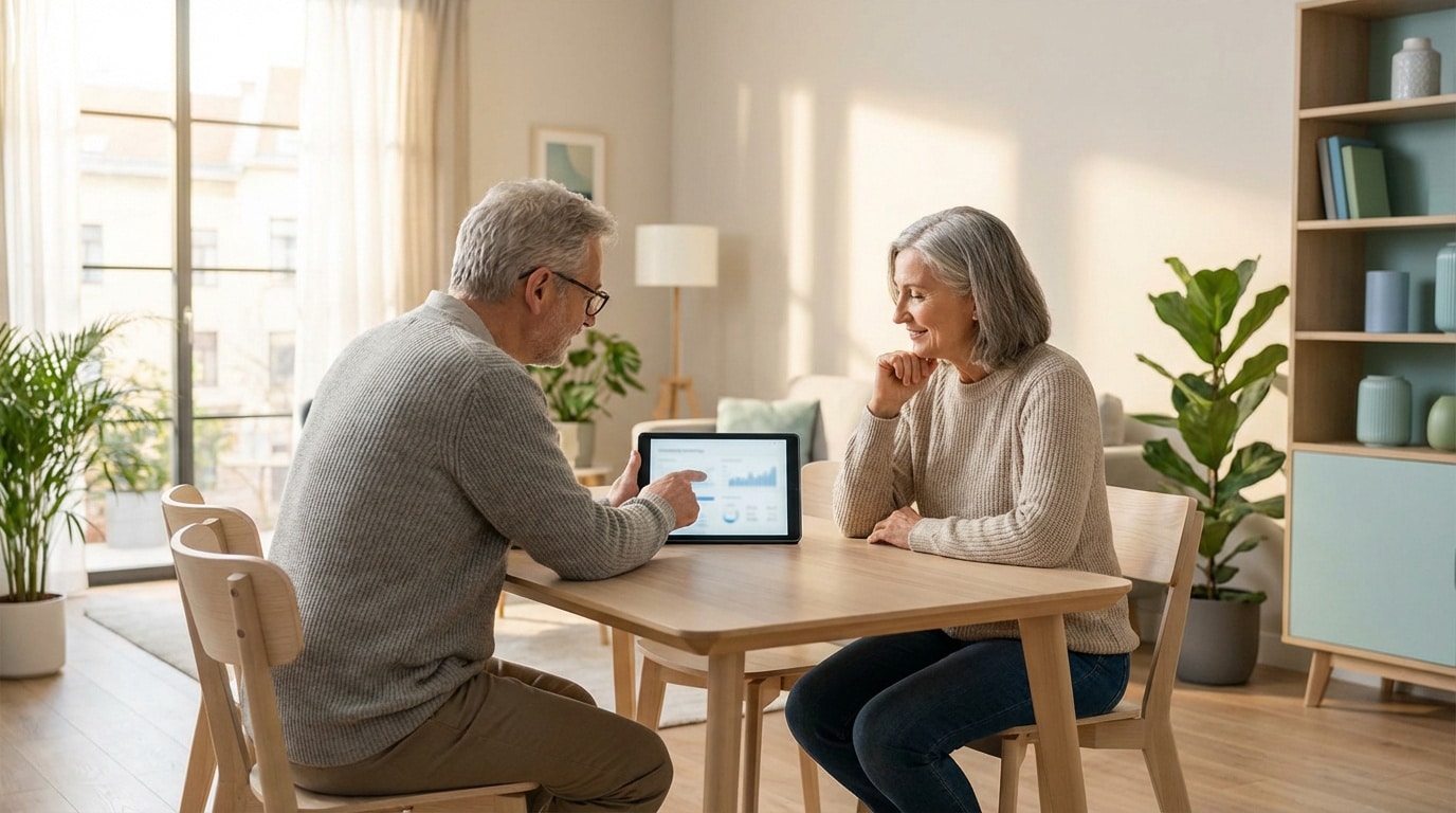 Un couple senior assis à une table examine des graphiques financiers sur une tablette numérique. L'homme pointe l'écran, la femme sourit.