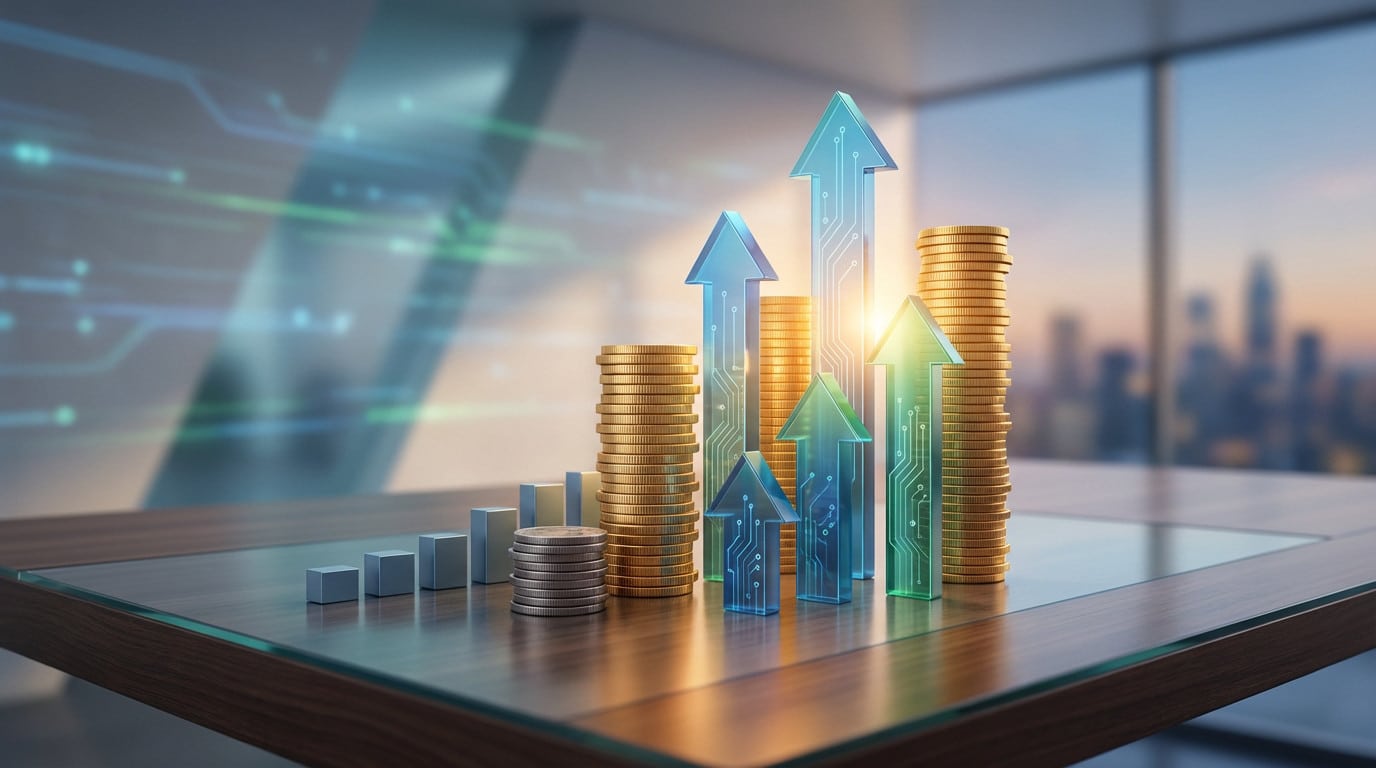 Illustration de croissance financière : pièces et flèches lumineuses ascendantes avec motifs de circuits sur un bureau élégant.