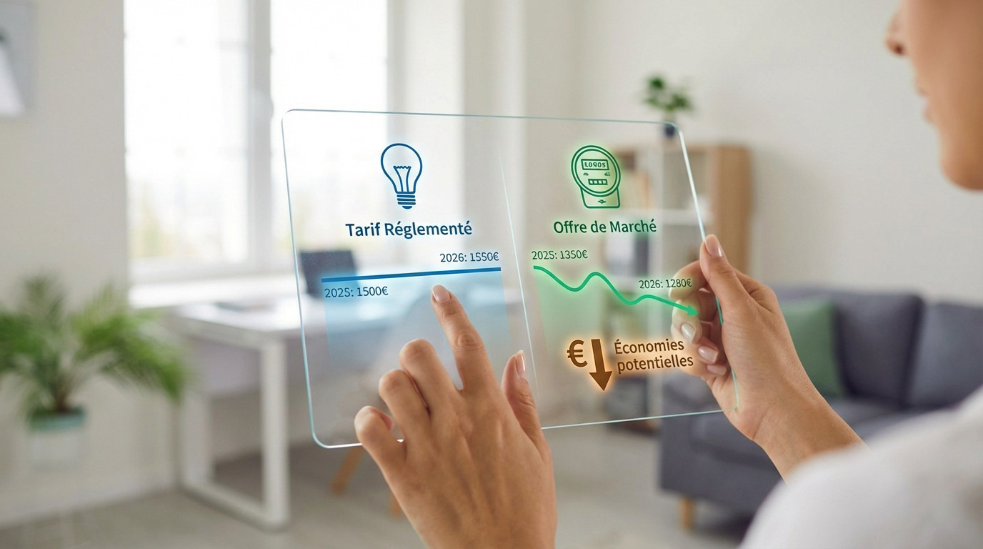 Une personne compare le tarif réglementé et l'offre de marché d'électricité sur une tablette holographique, affichant des économies potentielles.