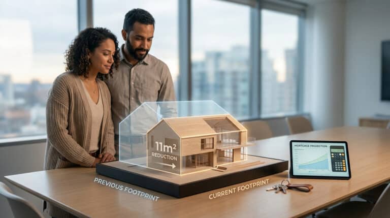 Couple évaluant une maquette de maison avec projection holographique de réduction de 11m², un iPad de prêt immobilier et des clés.