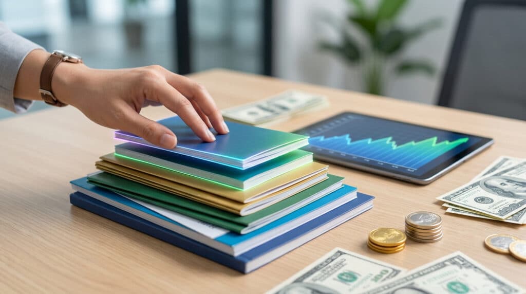Main sur des livrets financiers colorés, avec billets de banque, pièces de monnaie, et un graphique de croissance sur tablette.