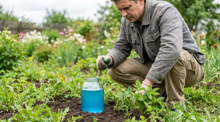 Un homme ganté accroupi dans un jardin, observe un pot de liquide bleu vif près des plantes vertes.