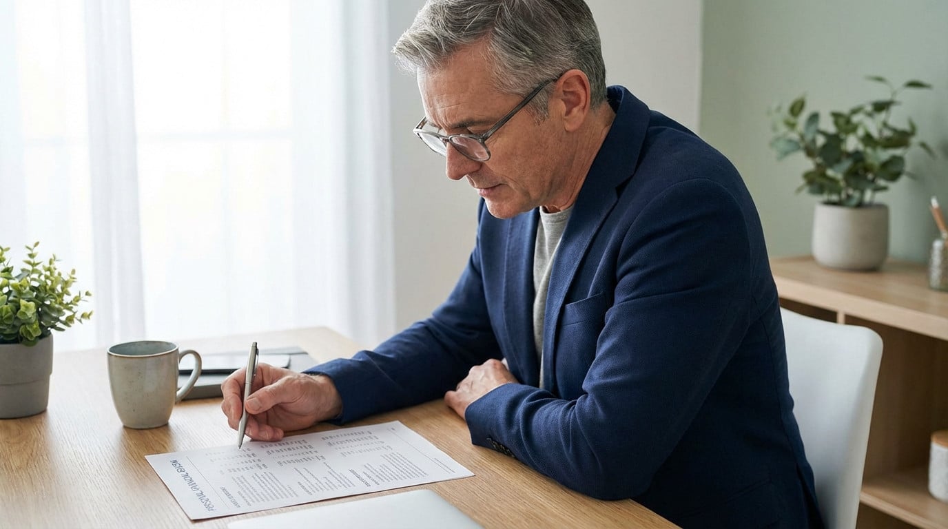 Professional in late 50s with glasses, focused on "Personal Annual Review" document at modern desk in bright home office.