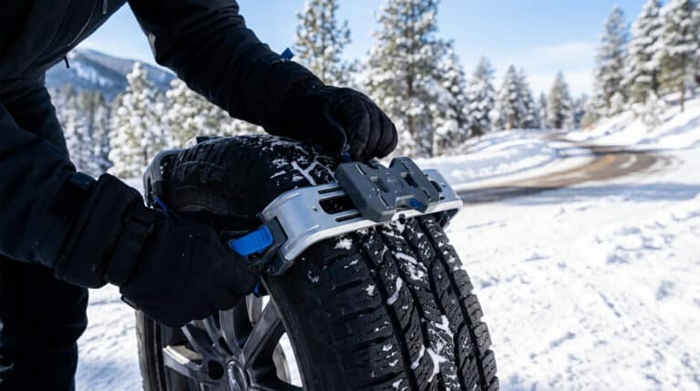 Main gantée noire installant la chaîne à neige "Priam Lecomte" sur un pneu de voiture. Paysage hivernal enneigé.