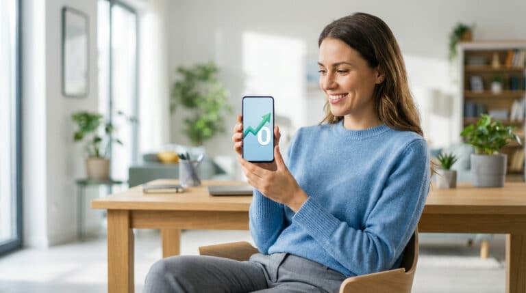 Femme souriante tenant un smartphone. L'écran montre une flèche verte et un "0", suggérant une offre gratuite ou sans frais comme EKO.