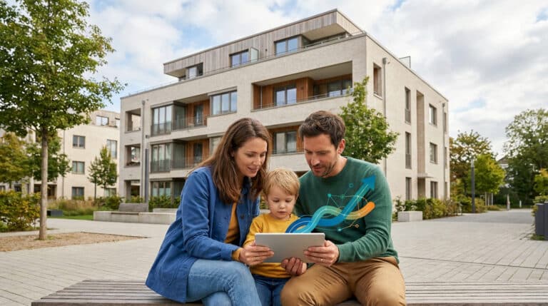 Famille (parents et enfant) regarde une tablette avec graphique de croissance. Immeubles modernes, symbolisant le logement social.