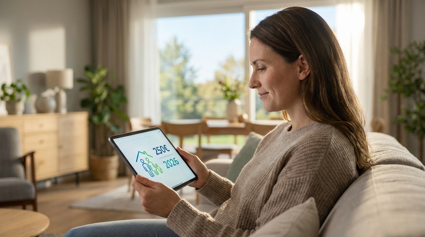 Femme souriante sur un canapé, consultant une tablette affichant des icônes de famille et maison, 250€ et 2026. Salon lumineux.