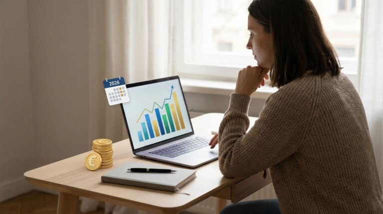 Woman at a desk viewing financial graphs on a laptop, with gold euro coins and a 2026 calendar icon, symbolizing future planning.
