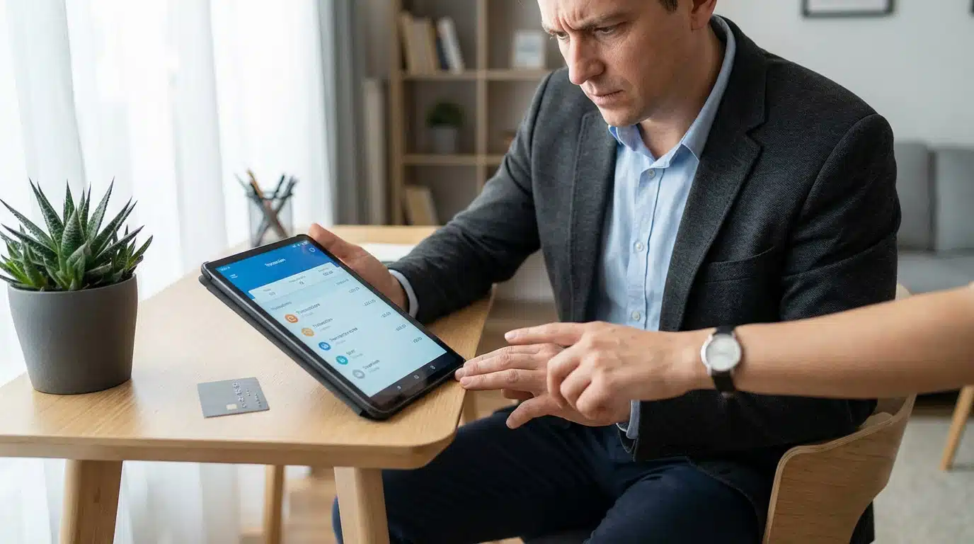 Man in smart casual reviewing banking app on tablet with another hand pointing. Credit card and plant on desk.