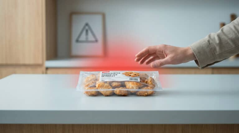 A hand hovers over a package of chicken bites on a kitchen counter. A red glow and blurred warning symbol hint at a food safety alert.