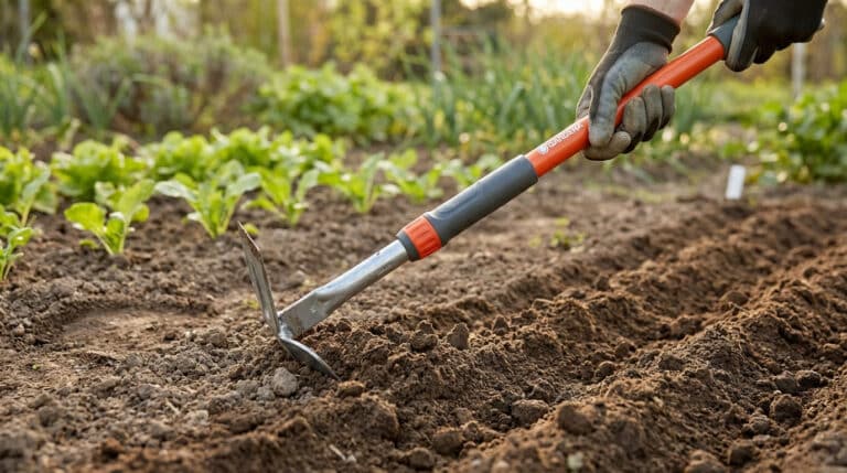 Gloved hands use an orange Gardena hoe-furrower to create planting furrows in rich, dark soil in a sunlit vegetable garden.