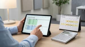 Mains sur tablette affichant suivi des congés et heures. Calendrier d'octobre 2024 et calculatrice sur bureau en bois.