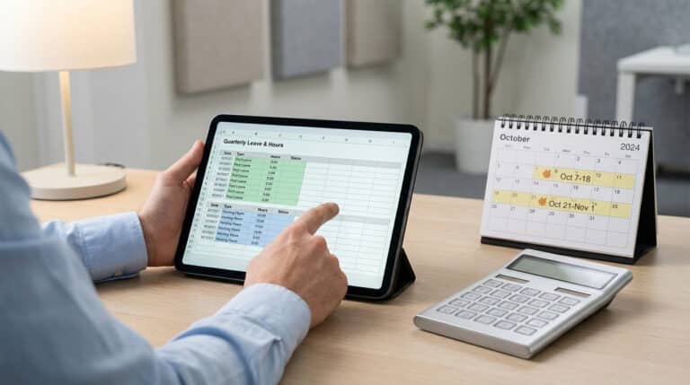 Mains sur tablette affichant suivi des congés et heures. Calendrier d'octobre 2024 et calculatrice sur bureau en bois.