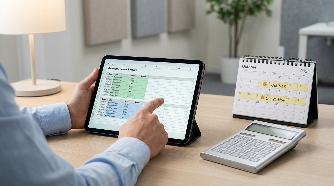 Mains sur tablette affichant suivi des congés et heures. Calendrier d'octobre 2024 et calculatrice sur bureau en bois.