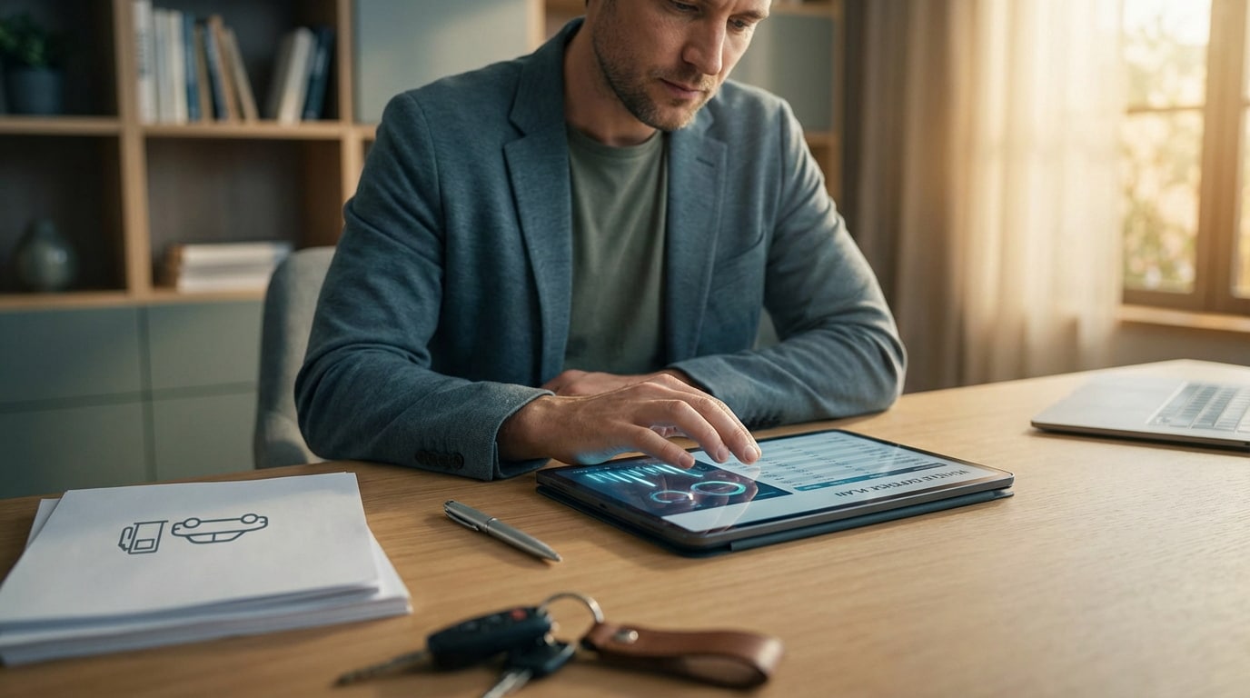 Un homme gère ses frais de carburant pour les impôts sur une tablette. Des clés de voiture et papiers sont sur le bureau.