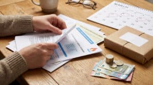 Mains feuilletant factures (gaz, auto). Calendrier de mars, euros (billets/pièces) et colis sur une table en bois.