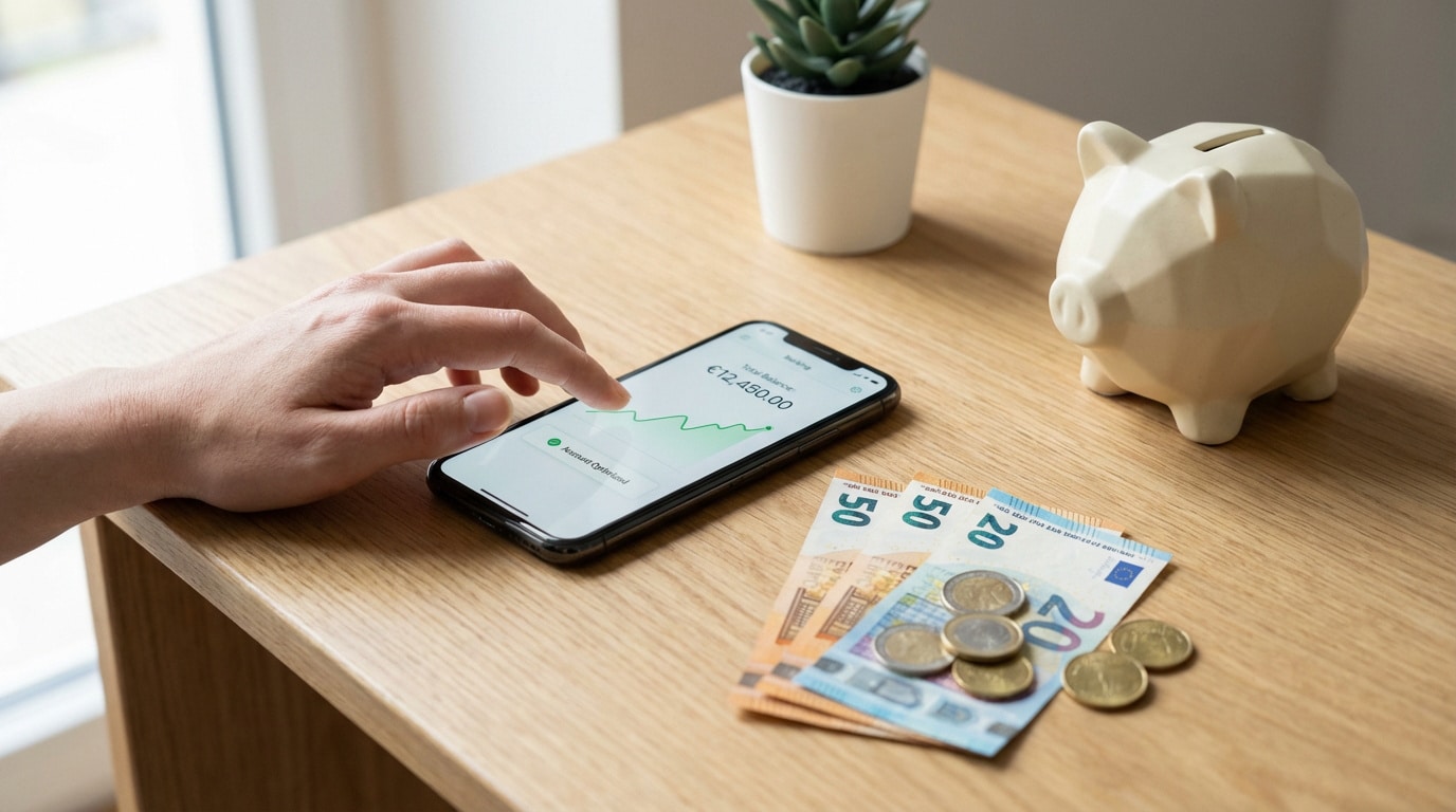 Main sur smartphone affichant un solde de compte bancaire. Billets et pièces en euros, tirelire sur table en bois.