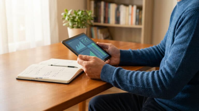 Un homme en pull bleu gère ses finances sur une tablette, affichant des graphiques de données, à côté d'un carnet de notes.