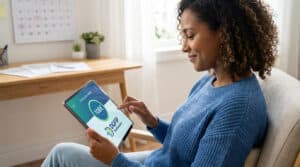 Une femme souriante regarde sa tablette affichant "108€" et "DGFiP Vérification", vérifiant un prélèvement.